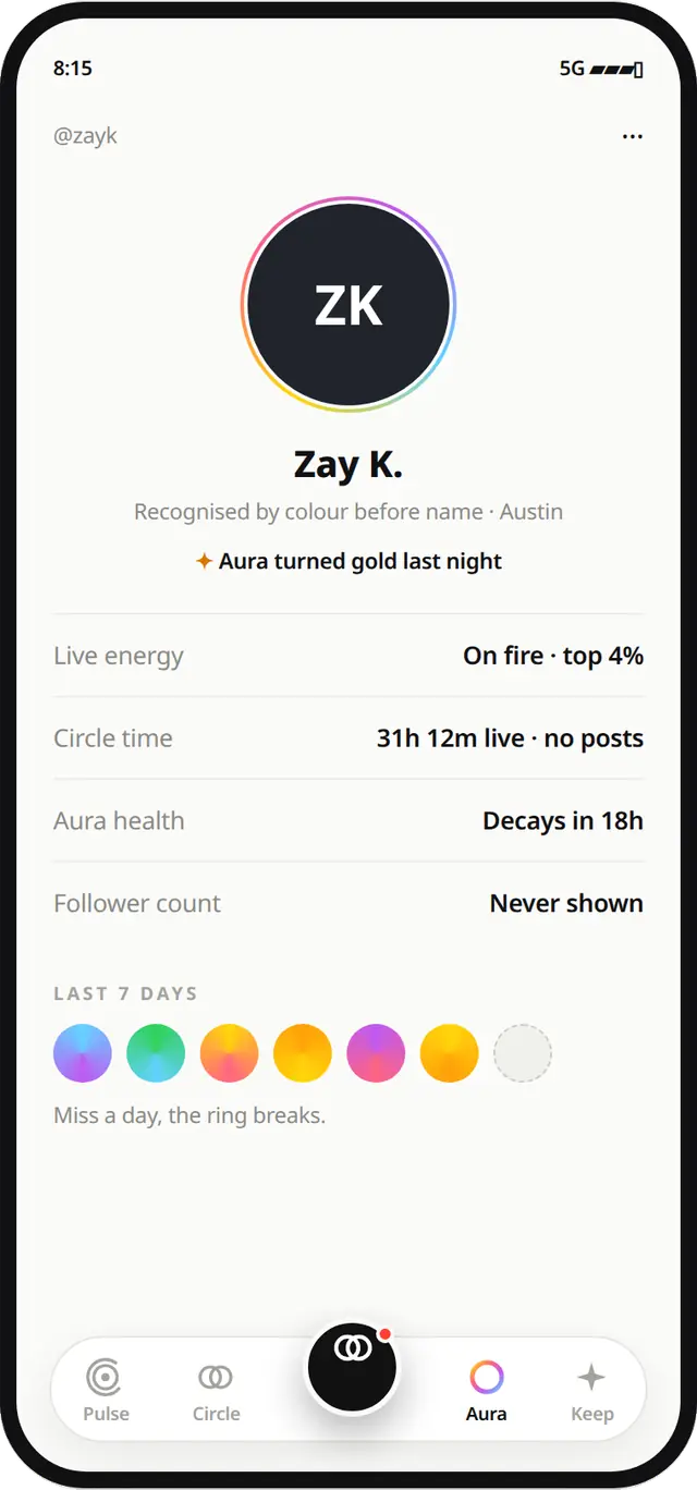 An Aura profile on Kamsie: one ring of colour around your initials, with a record of live minutes instead of follower counts.