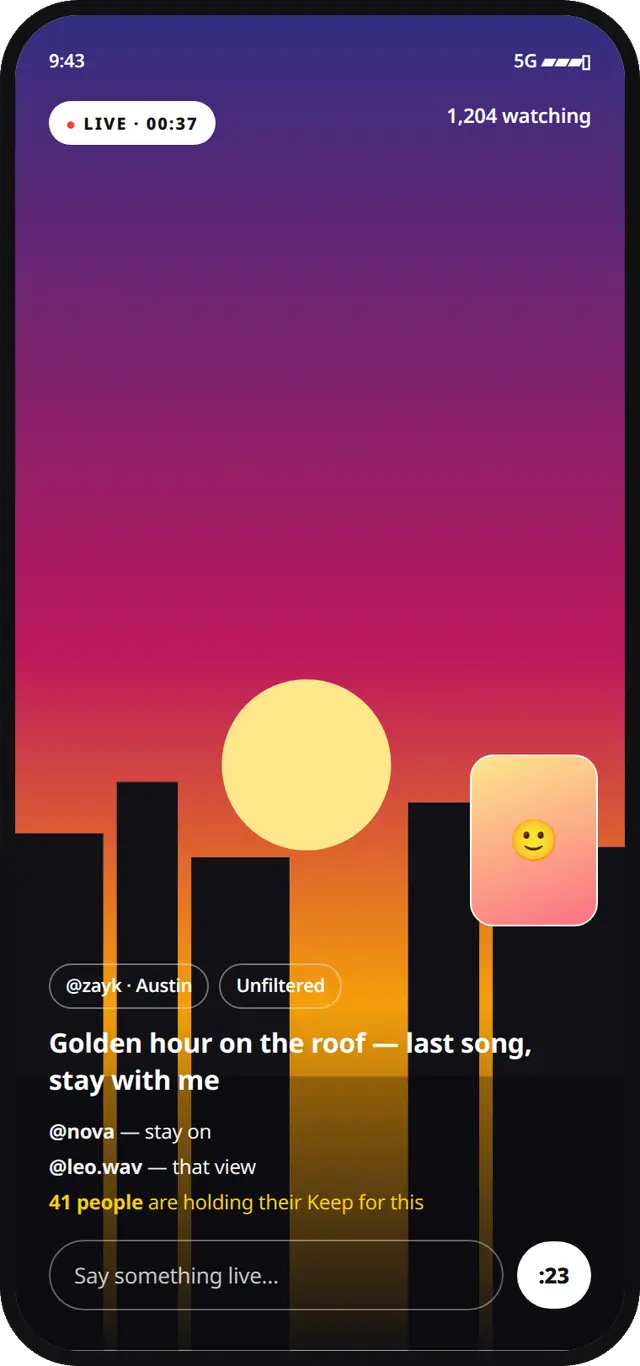 A live Drop on Kamsie: the moment fills the screen in colour, with a live timer.