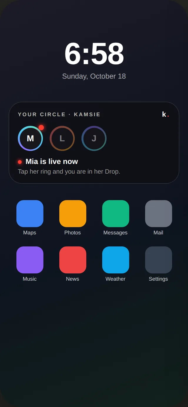 The Kamsie widget on a phone home screen: the rings of your Circle, one lit because Mia is live now. Tap her ring and you are in her Drop.
